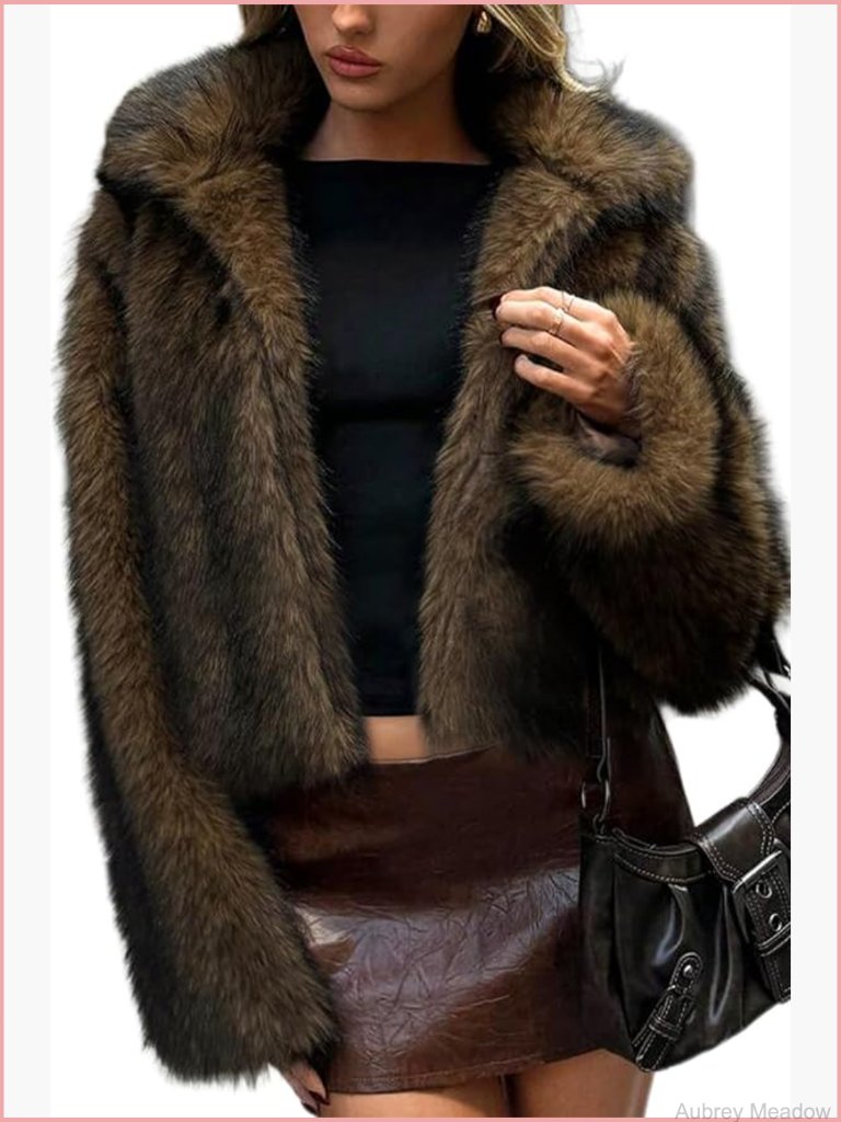 Faux Fur Coat With Lapel Collar, Hook & Eye Closure, Long Sleeve, Insulated